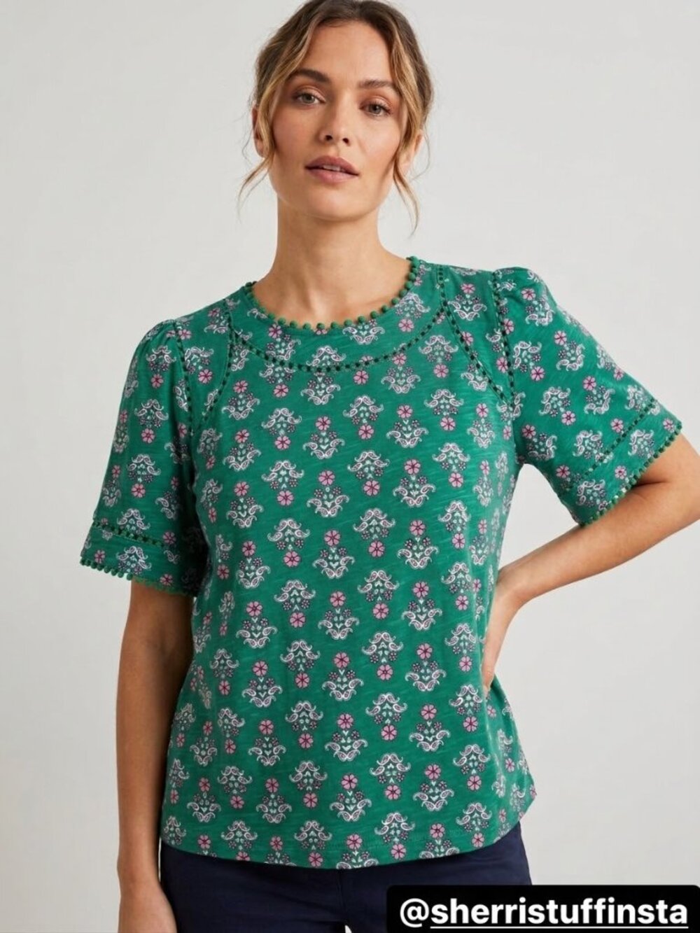 NWT Boden Green Floral Mila Trim Detail Top Cotton Short Sleeves XXL 20-22
